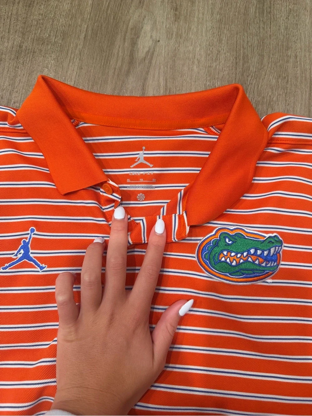 Jordan Orange & White Striped Polo with Florida gator Patch
